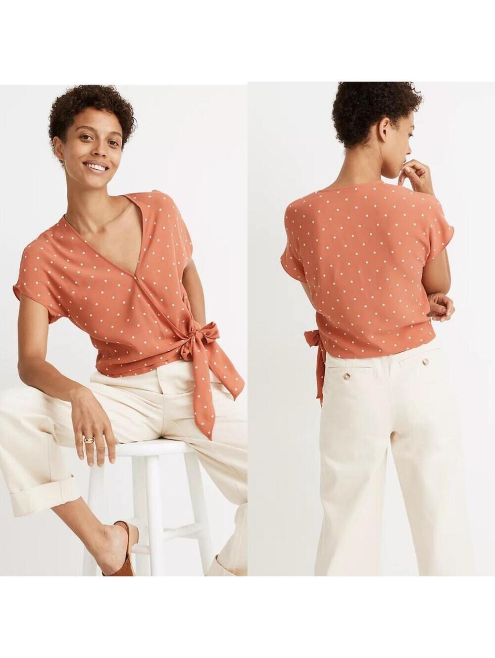 Madewell Wrap Tie Blouse Pink White Polka Dot V-Neck Short Sleeve Size M